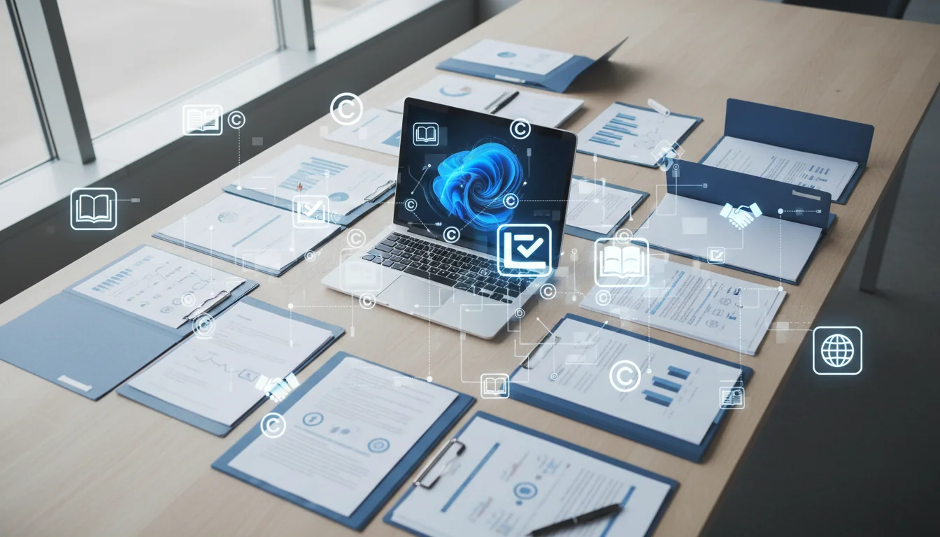 Documenti legali e simboli copyright per uso commerciale di immagini create con intelligenza artificiale
