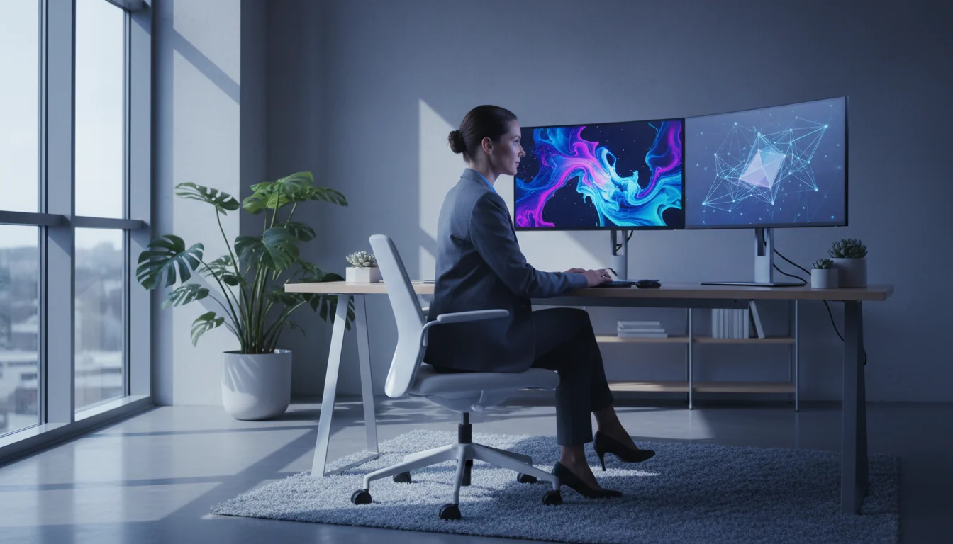 Designer confronta tool per generare immagini AI su postazione con monitor multipli