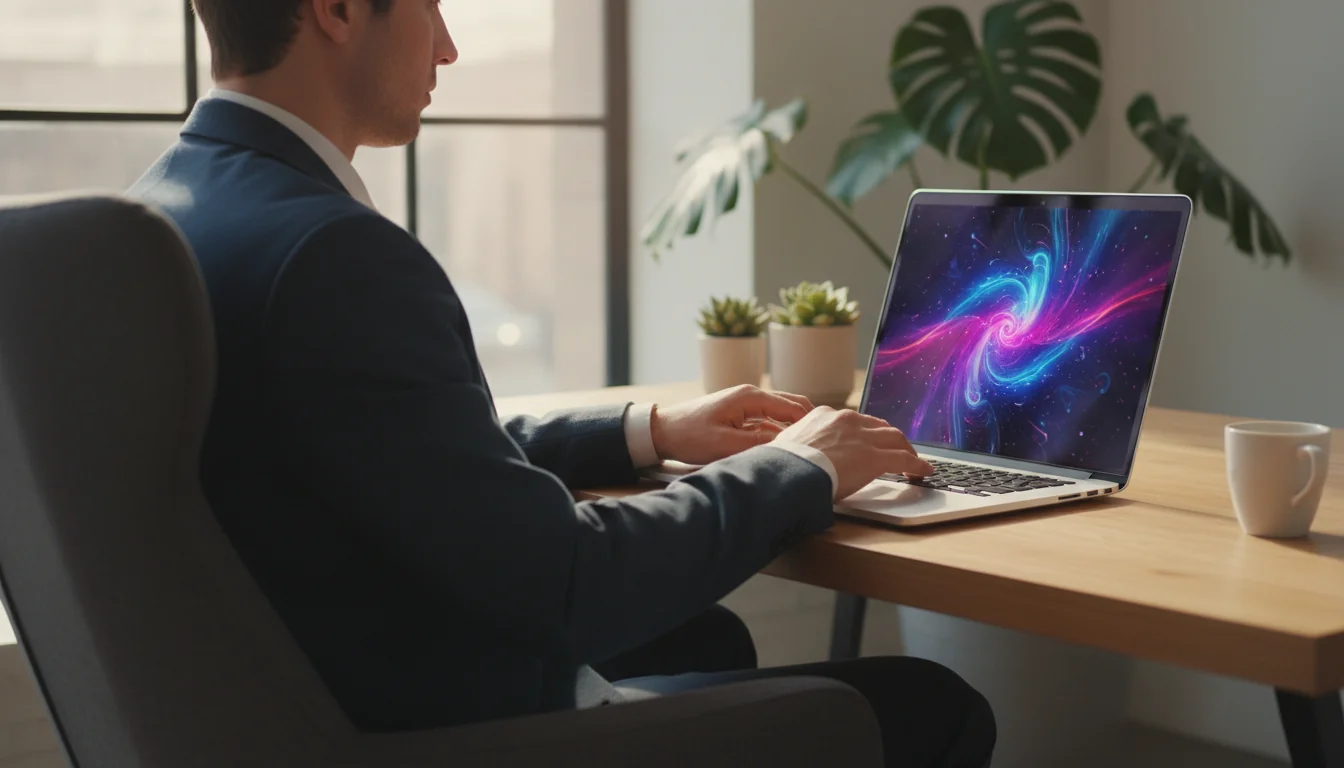 Professionista che utilizza intelligenza artificiale per immagini su laptop in workspace moderno