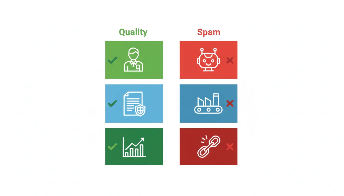 Confronto visuale tra AI SEO di qualit&agrave; e contenuti AI spam secondo Google