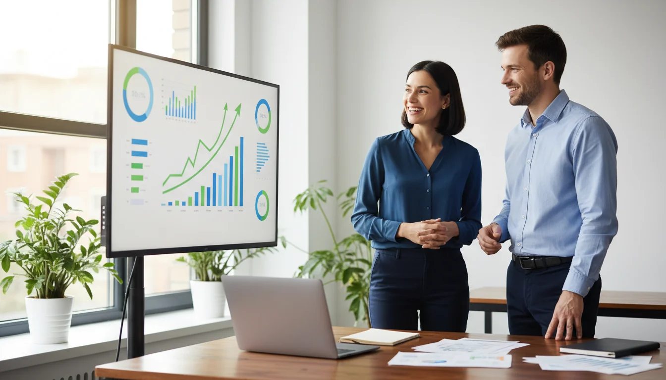 Team che analizza risultati positivi di AI SEO con dashboard analytics