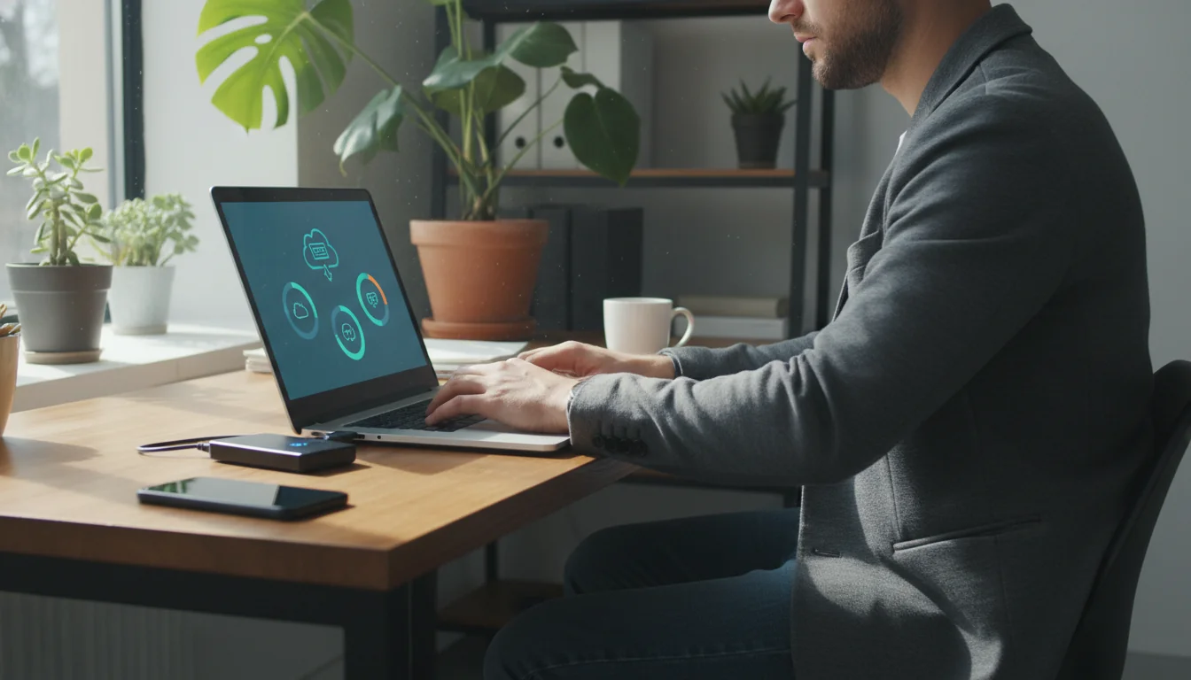Professionista che gestisce backup WordPress su laptop in ambiente di lavoro moderno
