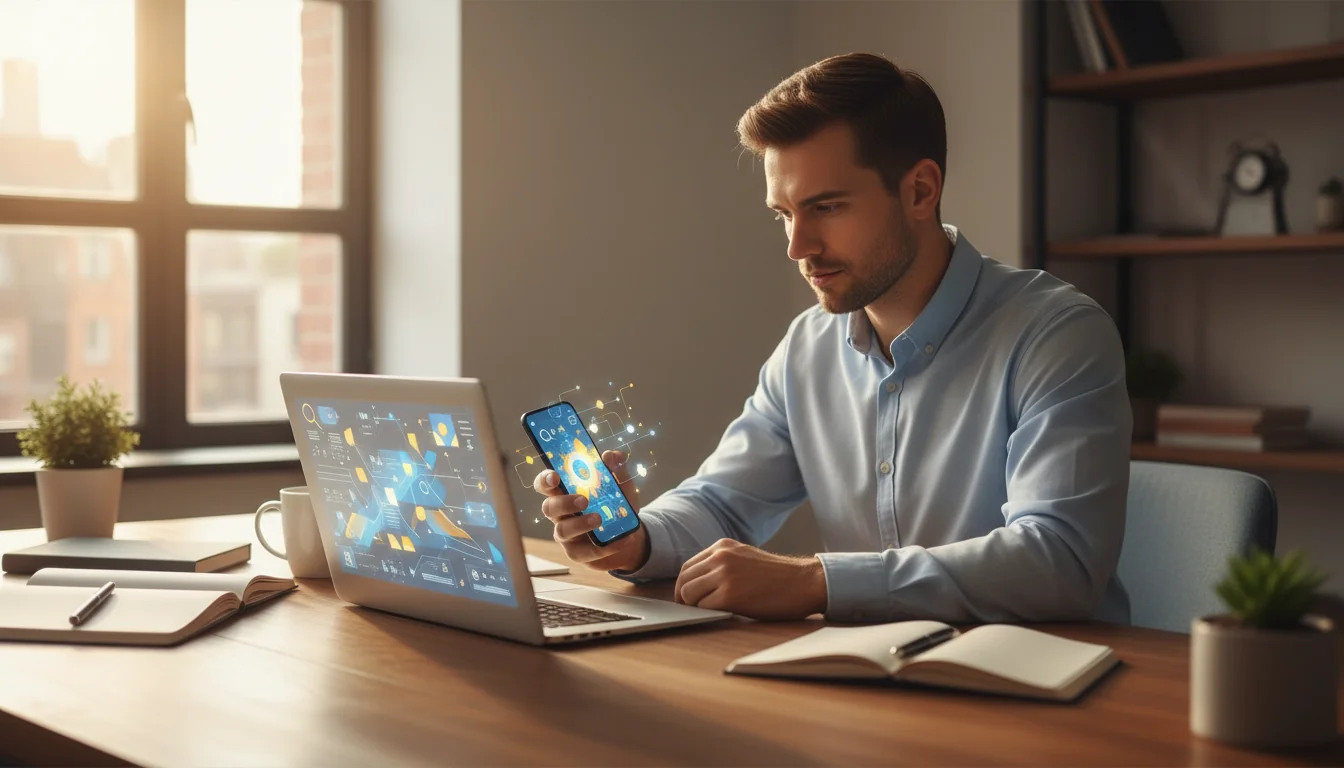 Content creator che utilizza metodi pratici per trovare parole chiave SEO su laptop e smartphone