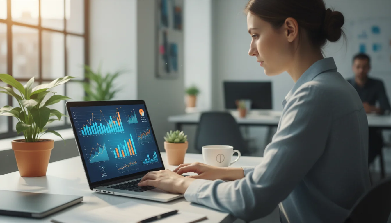 Professionista SEO che analizza metriche di ricerca parole chiave su laptop con dashboard analytics