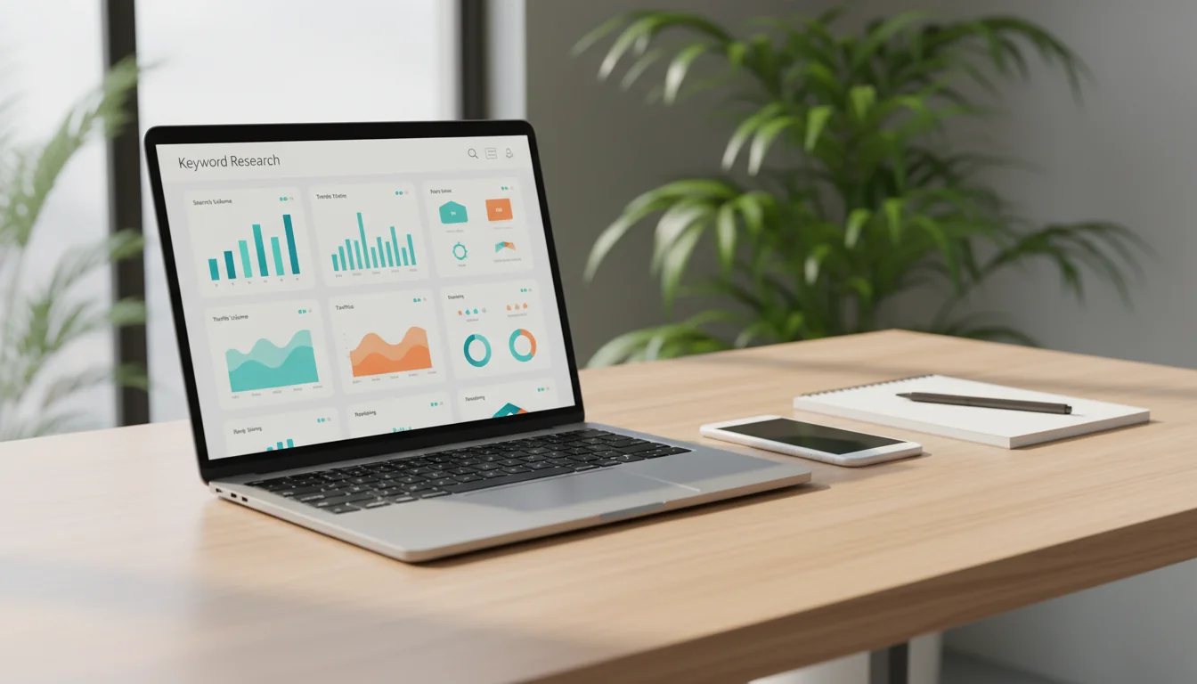 Workspace professionale con laptop per ricerca parole chiave SEO e analisi metriche