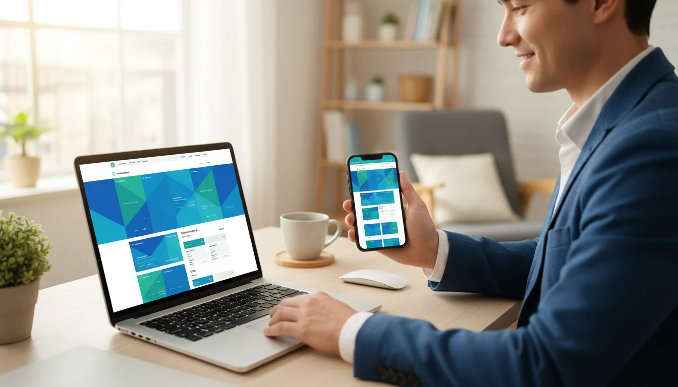 Utente che naviga sito web con ottima user experience su laptop e smartphone