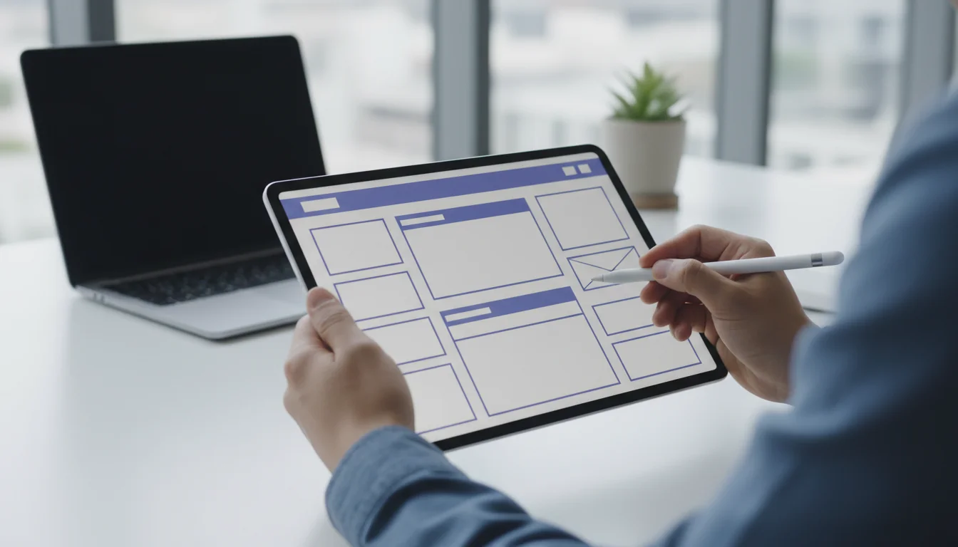 Web designer che crea wireframe e prototipo web per interfaccia sito professionale