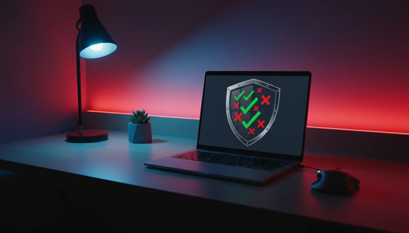 Workspace con laptop protetto da simboli di sicurezza contro temi nulled e plugin piratati