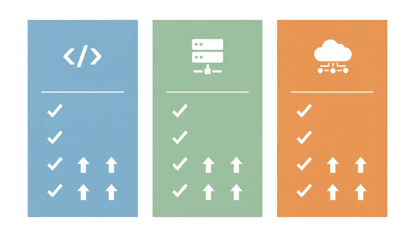 Confronto visuale tra categorie di ottimizzazione sito web frontend backend e infrastruttura