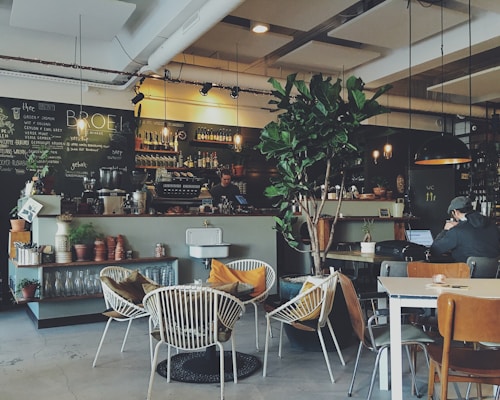 Angolo del caffè con piante e luce naturale dal soffitto
