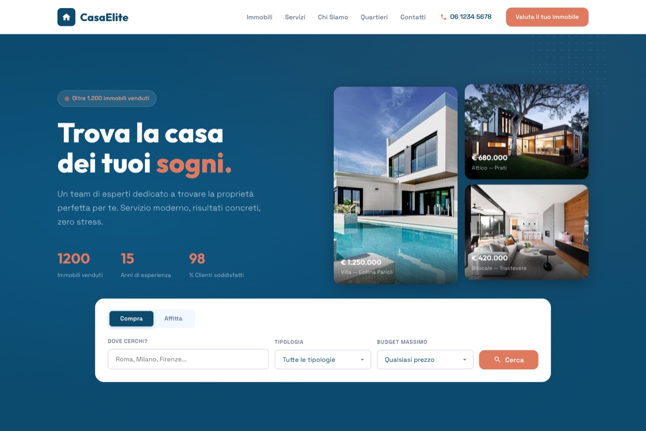 Template agenzia immobiliare versione Lusso Contemporaneo — design bold con toni teal e corallo