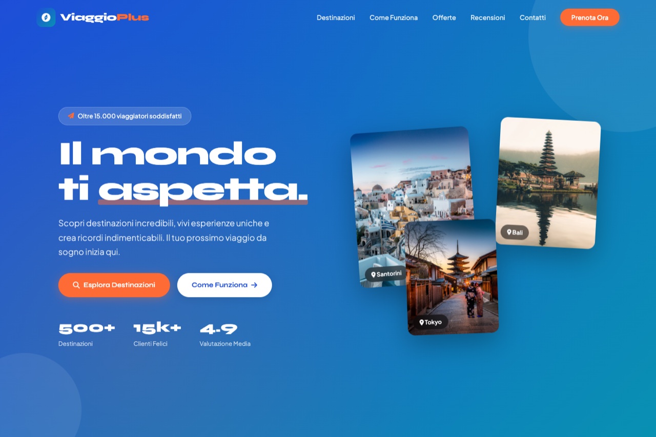 Template agenzia viaggi versione Eleganza — design vibrante con colori saturi