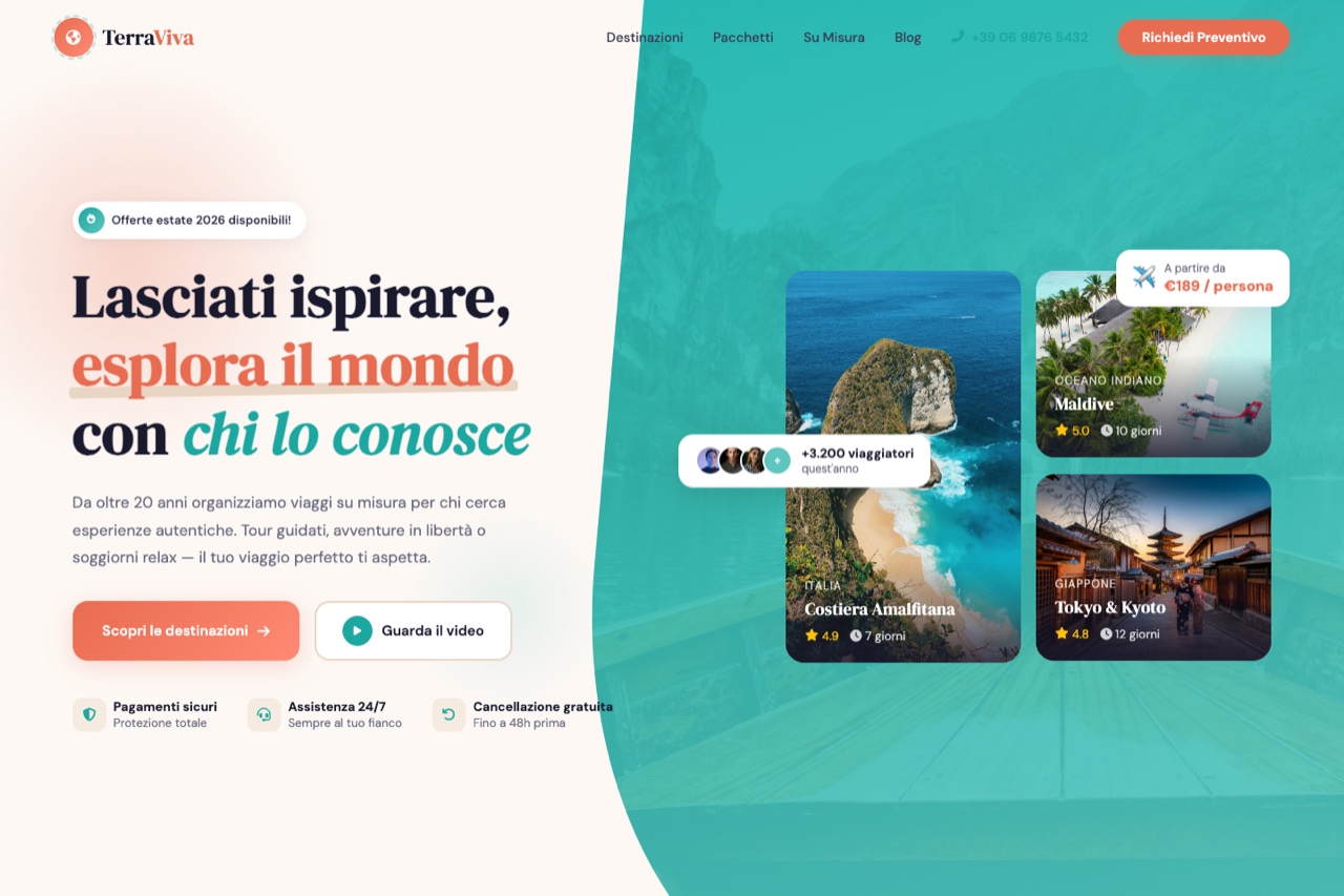 Template agenzia viaggi versione Avventura — design caldo con toni corallo e teal
