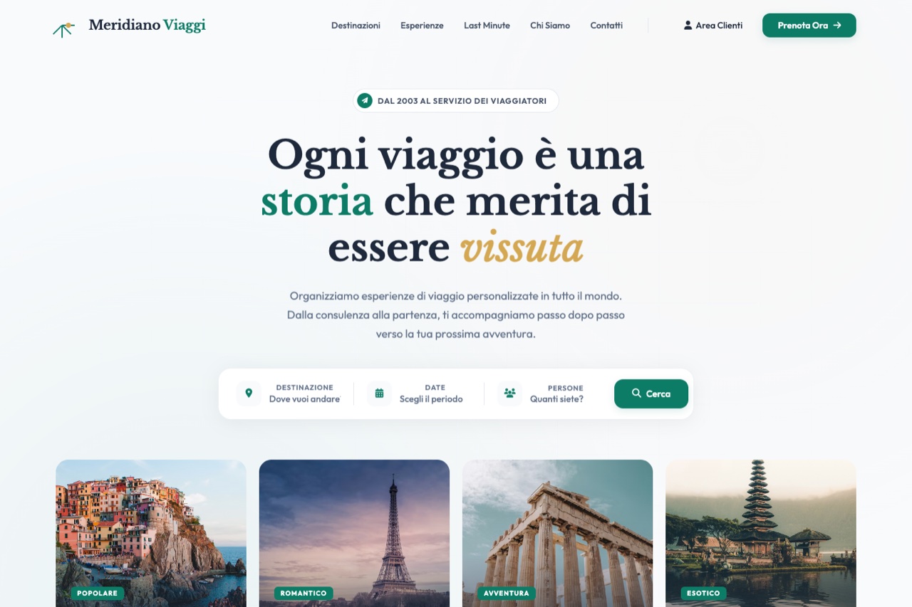Template agenzia viaggi versione Minimal — design sofisticato con smeraldo e oro