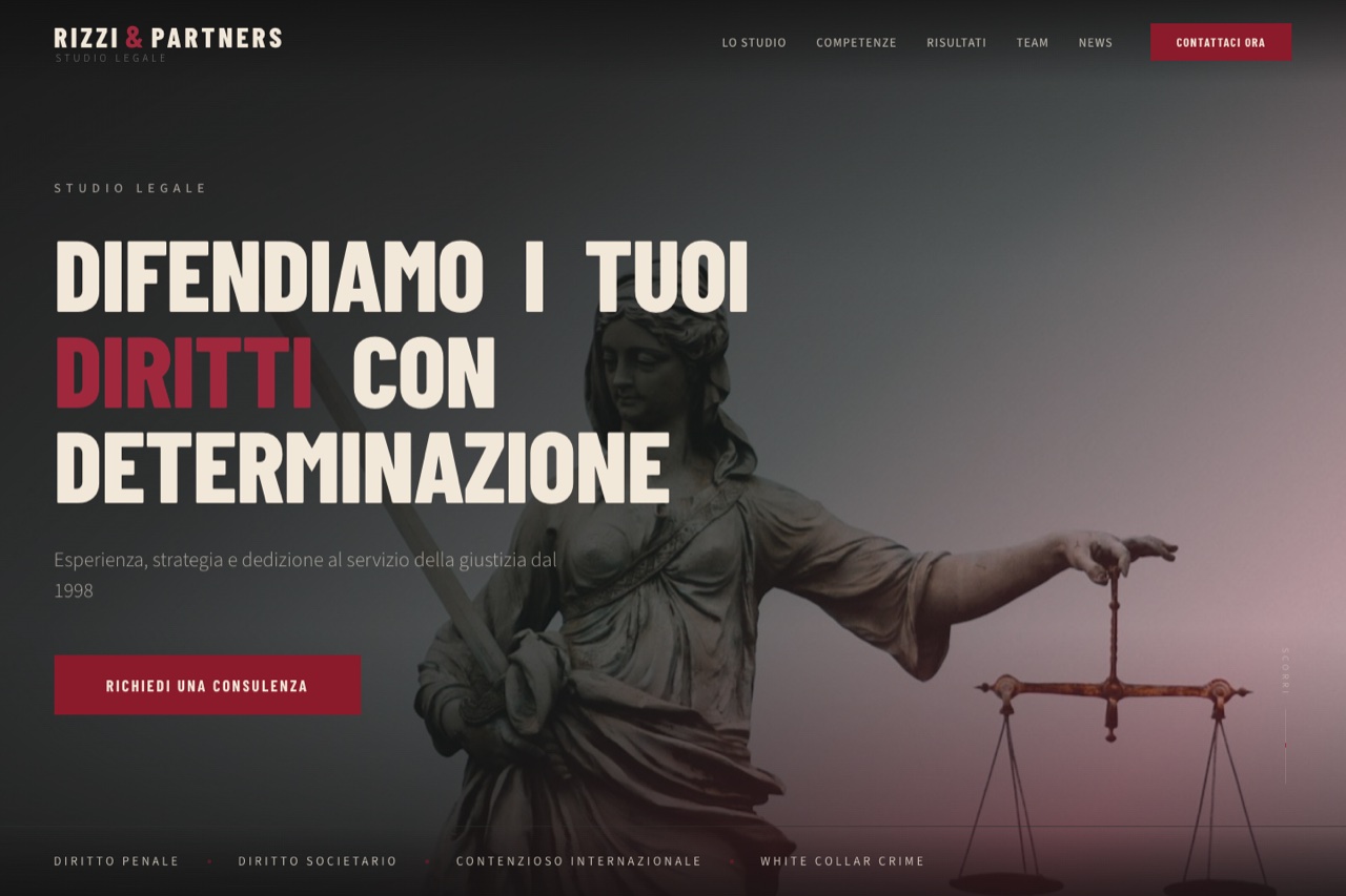 Template avvocato versione Drammatico — design premium con sfondo nero e accenti cremisi