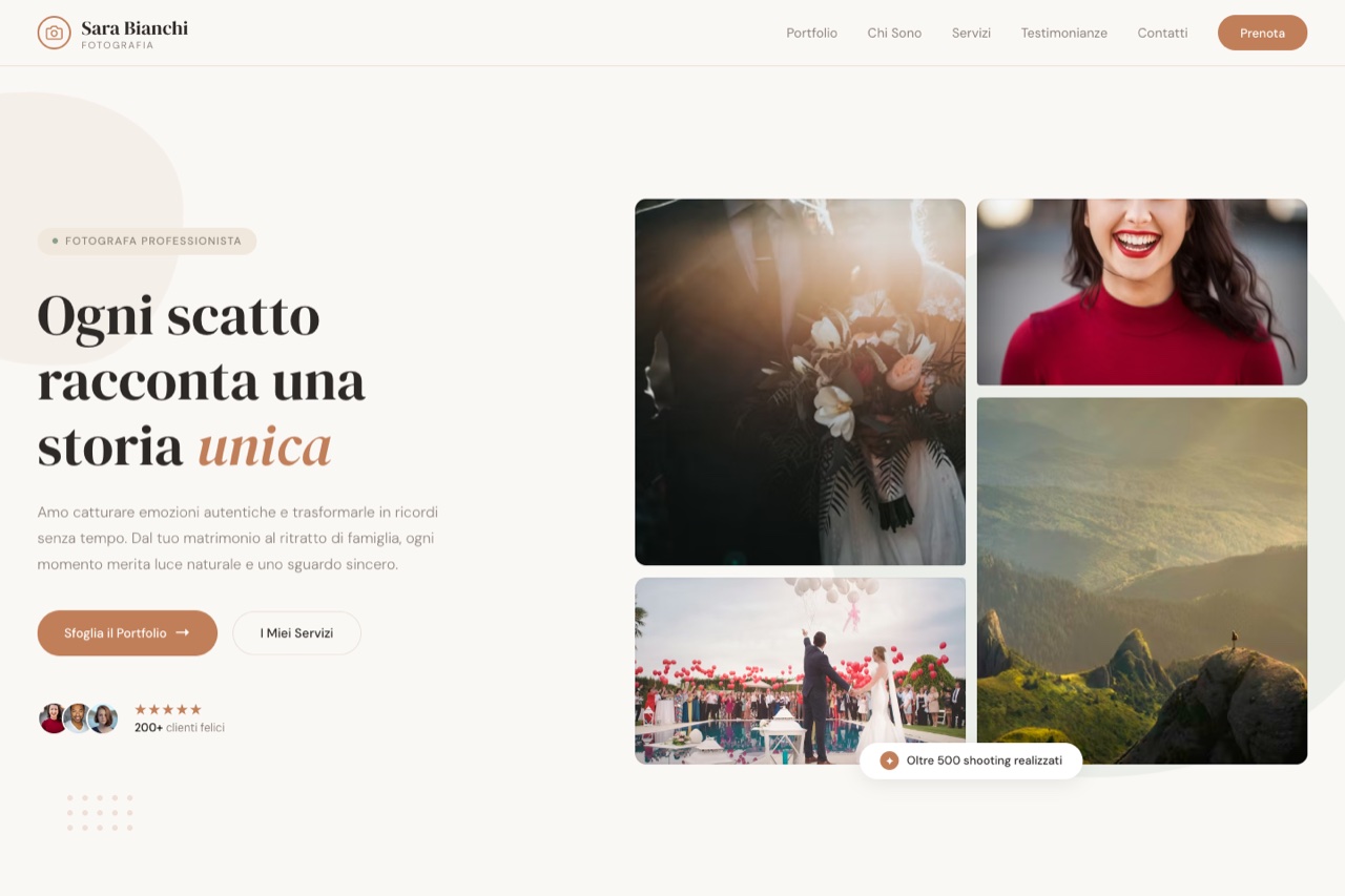 Template fotografo versione Luce — design caldo e luminoso