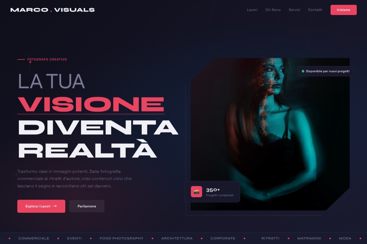 Template fotografo versione Visione — design dark cinematico
