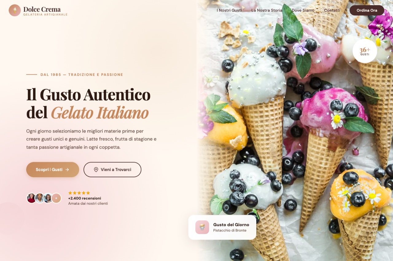 Template gelateria versione Dolce Crema — design classico con toni crema e caramello