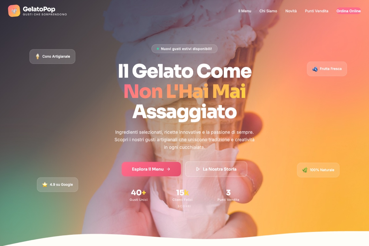 Template gelateria versione GelatoPop — design pop e vivace con colori corallo e menta