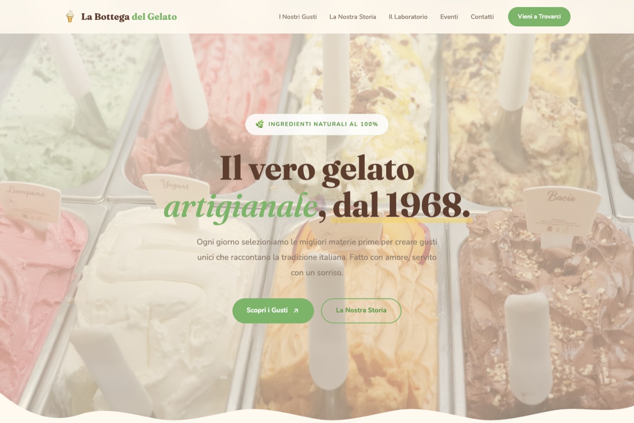 Template gelateria versione Vintage Italiano — design colorato con palette pistacchio, fragola e limone