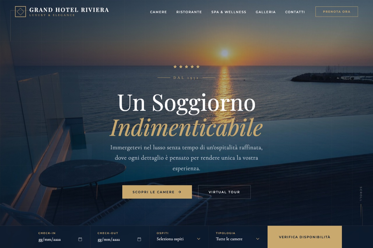 Template hotel versione Grand Luxury — design navy e oro per hotel 5 stelle