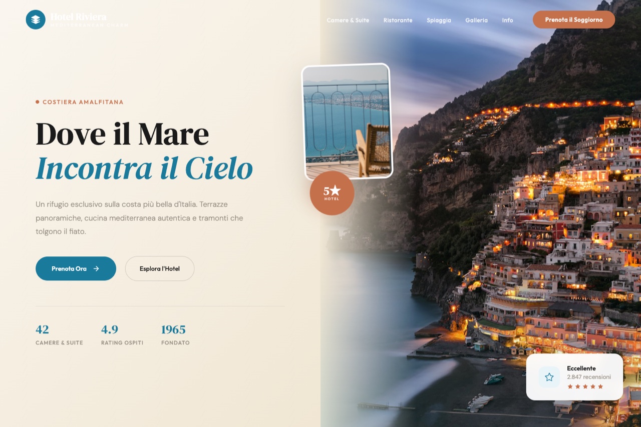 Template hotel versione Mediterranean — design azzurro e terracotta per hotel costieri