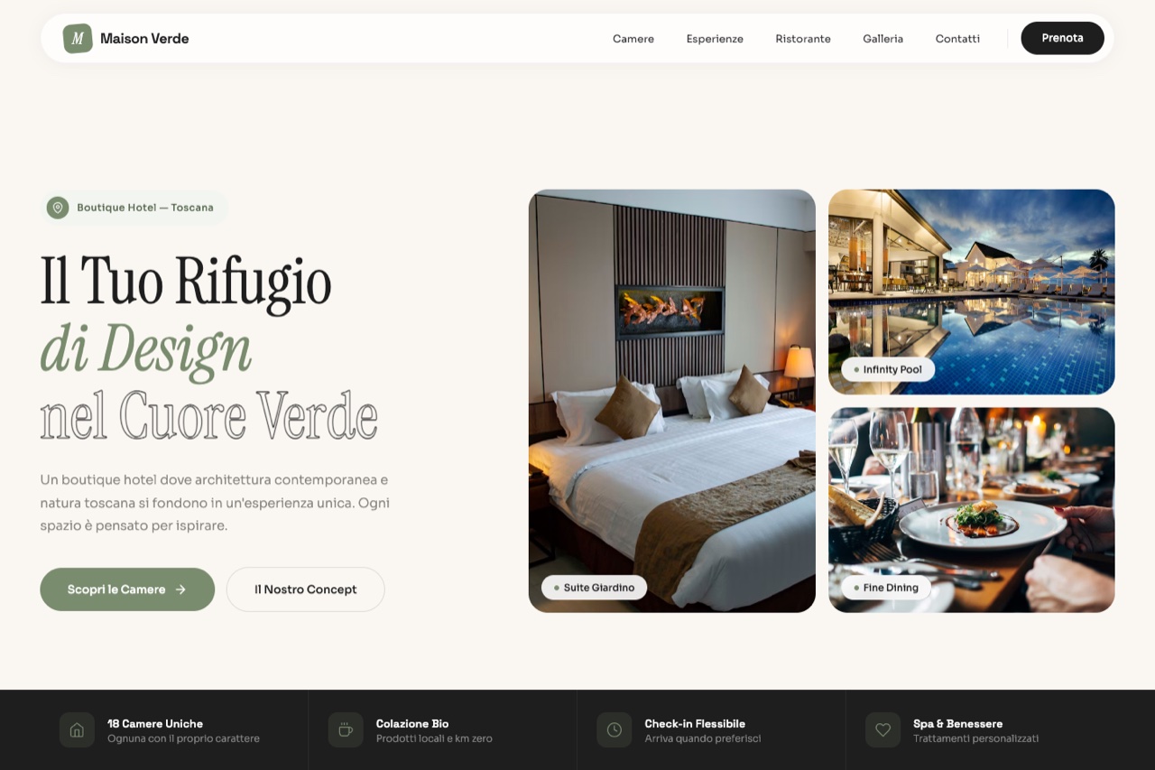 Template hotel versione Boutique Modern — design salvia e carbone per boutique hotel