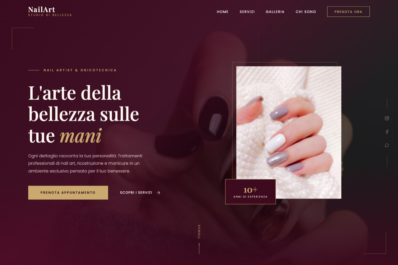 Template nail artist versione Lusso Discreto — design scuro con accenti dorati