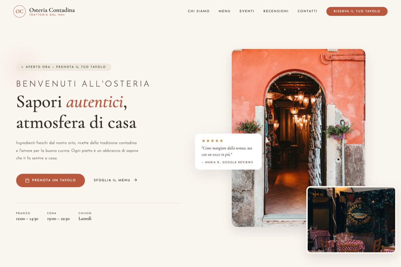 Template ristorante versione Accogliente — design caldo con toni crema e terracotta