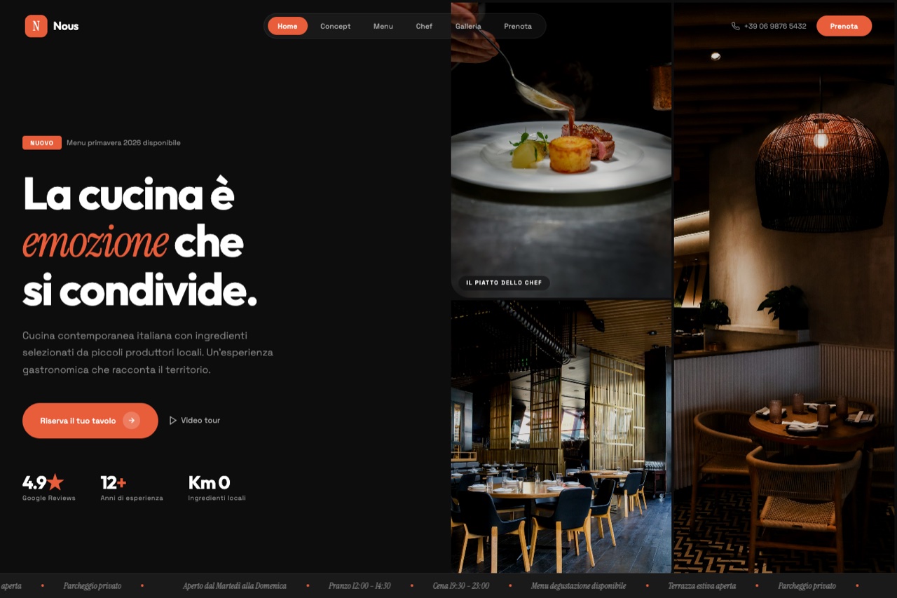 Template ristorante versione Contemporaneo — design bold con accento arancio